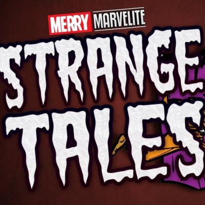 Texto 'MERRY MARVELITE STRANGE TALES' com fundo castanho e detalhe roxo com trompete.