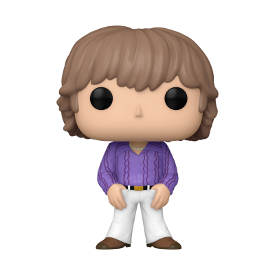 Figura Funko Pop com camisa roxa e calças brancas.