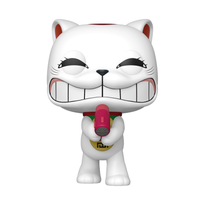 Funko Pop de gato branco com sorriso largo e objeto rosa na mão