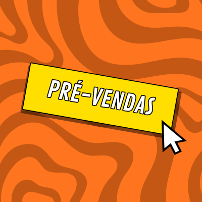 Botão amarelo com texto PRE-VENDAS e cursor de rato sobre fundo laranja abstrato