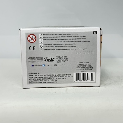 Parte traseira da embalagem do produto Funko com avisos, códigos e informações de fabricação.