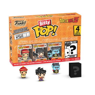 Conjunto 4 figuras Funko Bitty Pop! Dragon Ball Z com personagens Goku, Kai'o e figura misteriosa