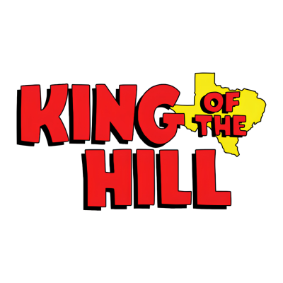Texto gráfico vermelho e preto KING HILL com contorno amarelo do Texas e texto vermelho OF THE
