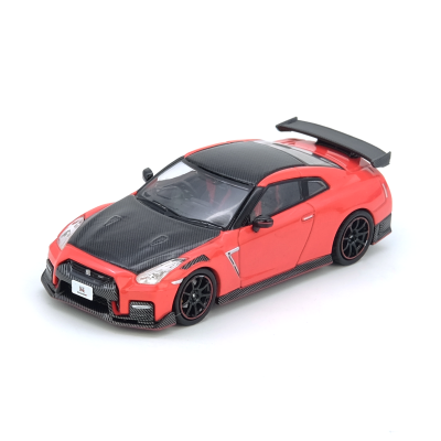 Miniatura de carro desportivo vermelho com detalhes em fibra de carbono e spoiler preto