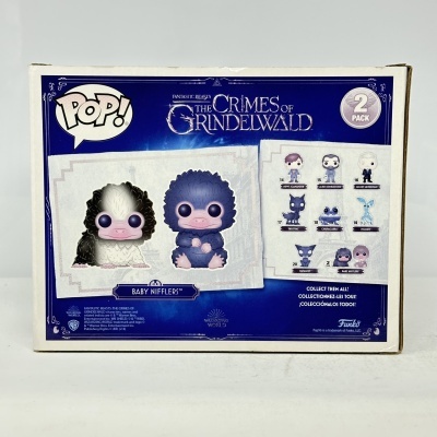Caixa de brinquedos Pop! com duas figuras Baby Nifflers e texto da coleção Fantastic Beasts