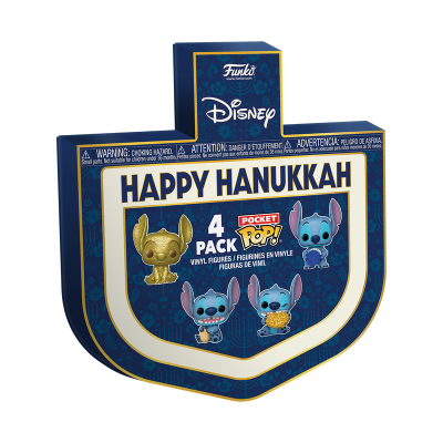 Embalagem azul com 4 figuras de vinil Pocket Pop Stitch e texto Happy Hanukkah