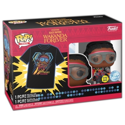 Caixa Funko Pop! com figura e t-shirt temática Black Panther Wakanda Forever.