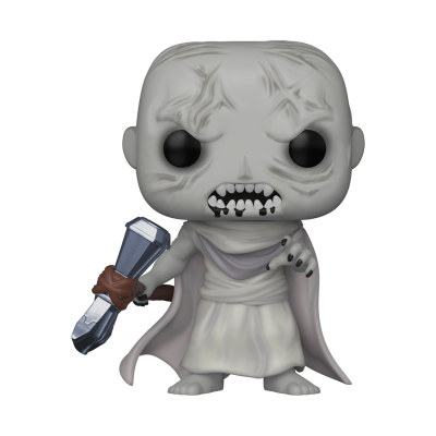 Figura Funko Pop personagem com pele cinza e roupa em tons de branco e cinzento segurando objeto metálico