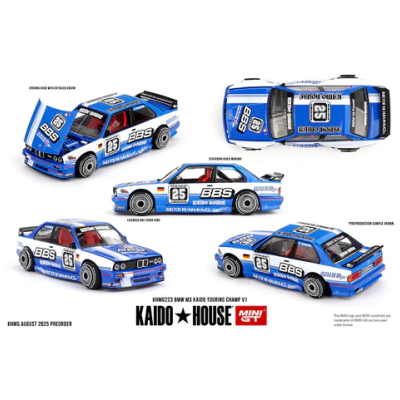 Miniatura de carro de corrida BMW M3 azul e branco com decalques e capô aberto