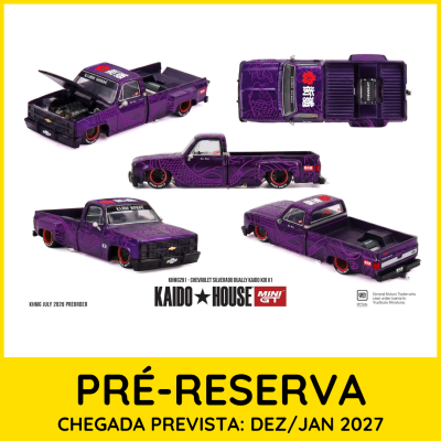 Miniatura de pick-up Chevrolet Silverado Kaido Koi roxa com detalhes vermelhos e desenhos de carpa.
