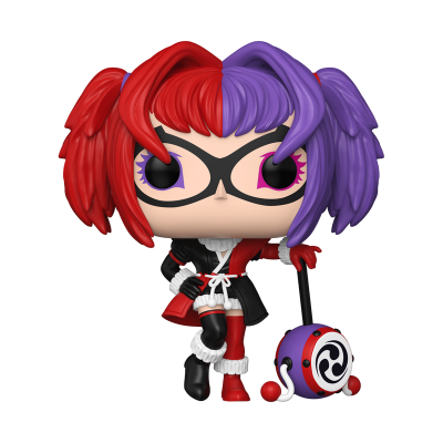 Boneco Funko Pop com cabelo vermelho e roxo, roupa vermelha e preta e máscara preta