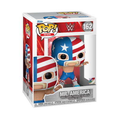 Boneco Funko Pop WWE Mr. America com máscara azul, branca e vermelha em embalagem