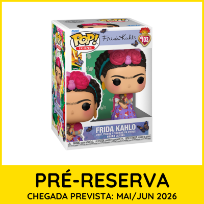 Figura Funko Pop da Frida Kahlo em embalagem com fundo branco e detalhes em amarelo