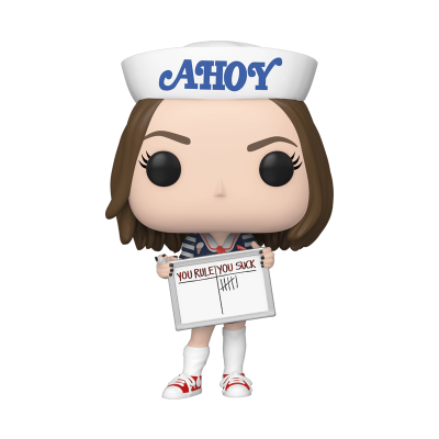 Figura Funko Pop de garota com chapéu Ahoy e placa texto You Rule You Suck