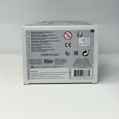 Parte de trás da embalagem de um Funko Pop! com texto e símbolos de segurança.