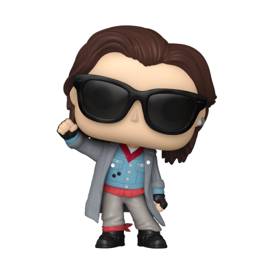 Figura colecionável estilo Funko Pop com óculos escuros e casaco cinzento