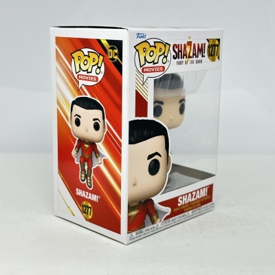 Funko Pop! do Shazam! em caixa branca com detalhes vermelhos e amarelos