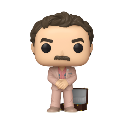 Figura Funko Pop masculina vestindo fato rosa com mala ao lado
