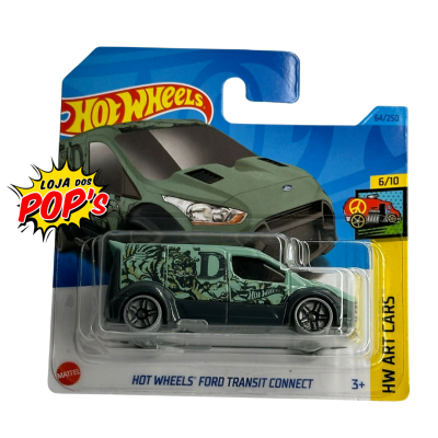 Veículo Hot Wheels Ford Transit Connect em embalagem azul e amarela com padrões gráficos pretos e verdes