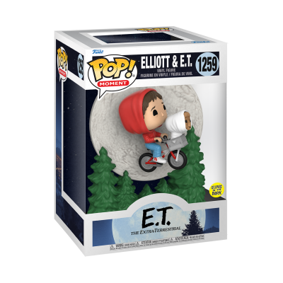 Figura Funko Pop Elliott e E.T. de bicicleta com lua e árvores, embalagem com texto e selo de brilho