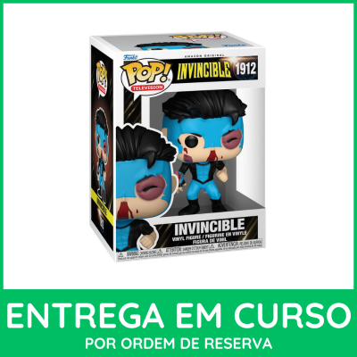 Figura Funko Pop! Invincible na caixa com texto de reserva e entrega no fundo verde