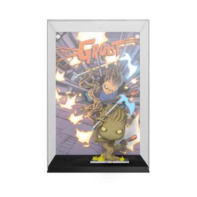 Figura Funko Pop do personagem Groot em caixa acrílica com fundo ilustrado