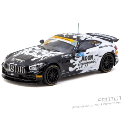 Miniatura de carro de corrida Mercedes AMG preto e branco com texto MOON Equipped