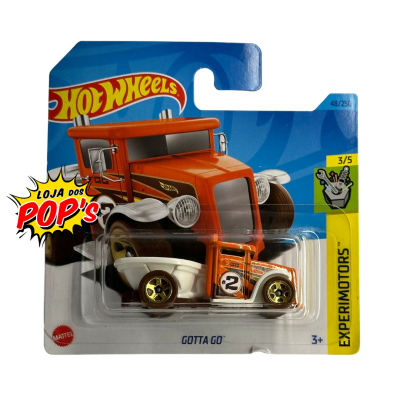 Carrinho Hot Wheels Gotta Go laranja e branco em embalagem azul Experimotors