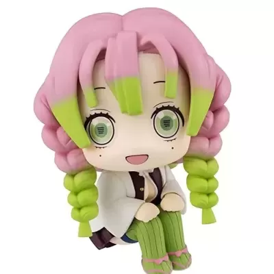 Figura colecionável de personagem anime com cabelo rosa e verde e vestido branco