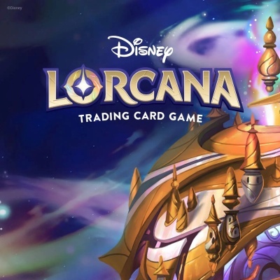 Logotipo do jogo de cartas LORCANA da Disney com fundo espacial e estrutura dourada