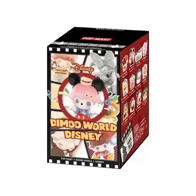 Caixa da figura colecionável Dimoo World Disney com personagem rosa e texto Dimoo World Disney