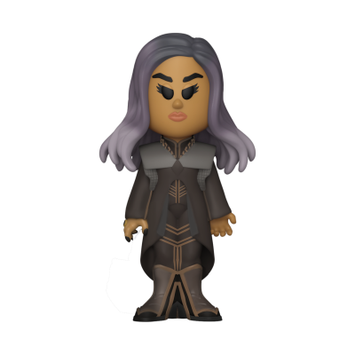 Figura de vinil estilizada com cabelo cinzento-acinzentado e roupa preta detalhada