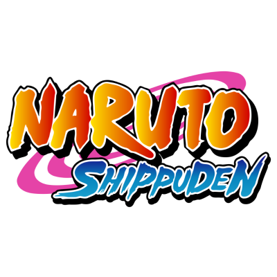 Logótipo colorido de Naruto Shippuden com texto em laranja, amarelo e azul sobre fundo branco