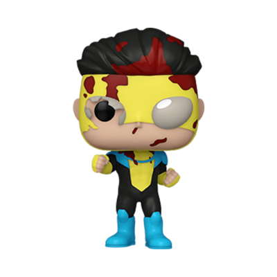 Figura colecionável Funko Pop de personagem com fatos preto, amarelo e azul com cabelo preto e manchas vermelhas