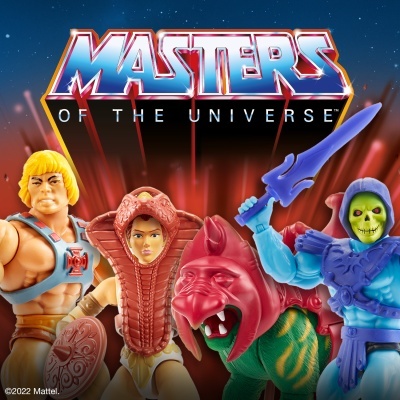 Três bonecos Masters of the Universe com detalhes coloridos e tigre rosa num fundo estrelado.