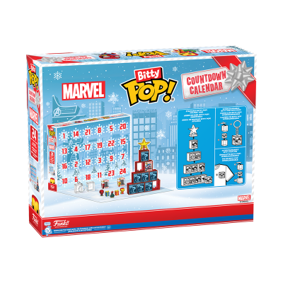Caixa do calendário de advento Marvel Bitty Pop Countdown Calendar em azul e vermelho com números e imagens de personagens.
