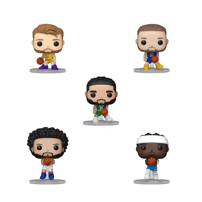 Cinco bonecos Funko Pop de basquetebol com diferentes uniformes e bola.