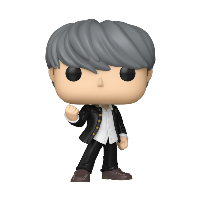 Figura de vinil estilo Funko Pop com cabelo cinzento e roupa preta e branca