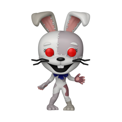 Figura colecionável de coelho estilizado com olhos vermelhos e costuras.
