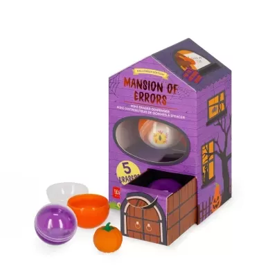 Dispensador de borrachas mini Halloween em forma de casa roxa com borrachas coloridas e mini abóbora.