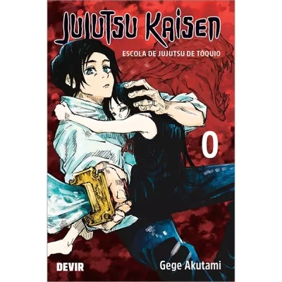 Capa do manga Jujutsu Kaisen volume 0, personagens principais em fundo vermelho