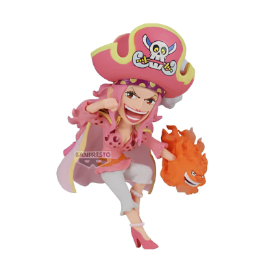 Figura de ação feminina com chapéu rosa e chama alaranjada