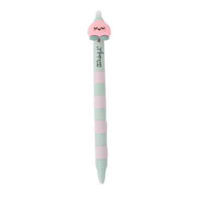 Caneta riscada rosa e verde-água com borracha em forma de pêssego cor-de-rosa