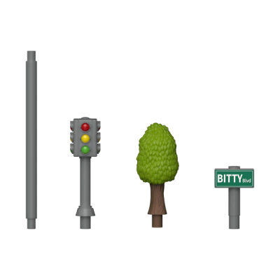 Miniaturas de poste, semáforo, árvore e placa de rua 'BITTY Blvd'.