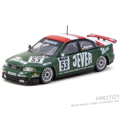 Miniatura de carro de corrida Audi verde com capot vermelho e branco com decoração de corrida