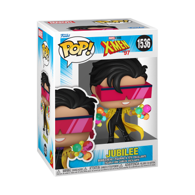 Boneco Funko Pop! Jubilee dos X-Men com casaco amarelo e bolas coloridas nas mãos, na caixa original