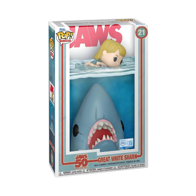 Caixa Funko Pop! JAWS 50 com tubarão branco e nadador loiro em água