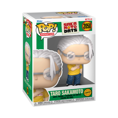 Boneco Pop! Animation Taro Sakamoto em caixa branca e verde com texto e logos coloridos