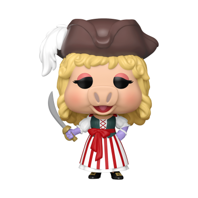Figura Funko Pop de personagem com cabeça de porco, vestido listrado e chapéu de pirata