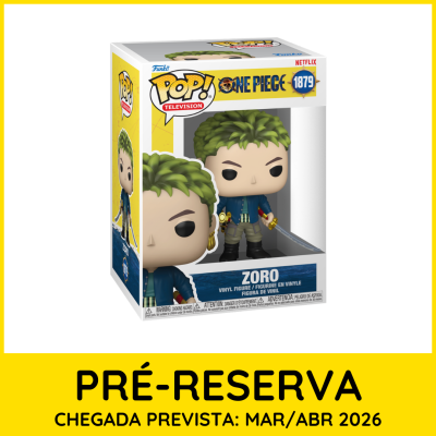 Figura de vinil Zoro de One Piece em embalagem transparente com fundo amarelo